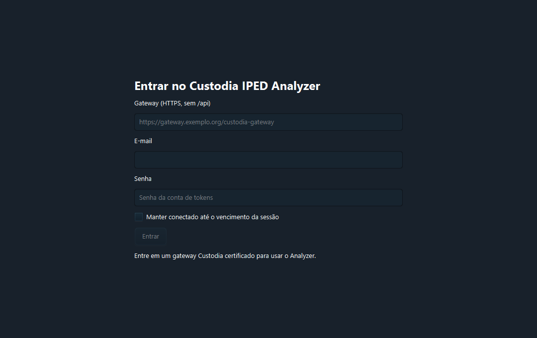 Tela de entrada do IPED Analyzer com os campos Gateway HTTPS, e-mail, senha e botão Entrar