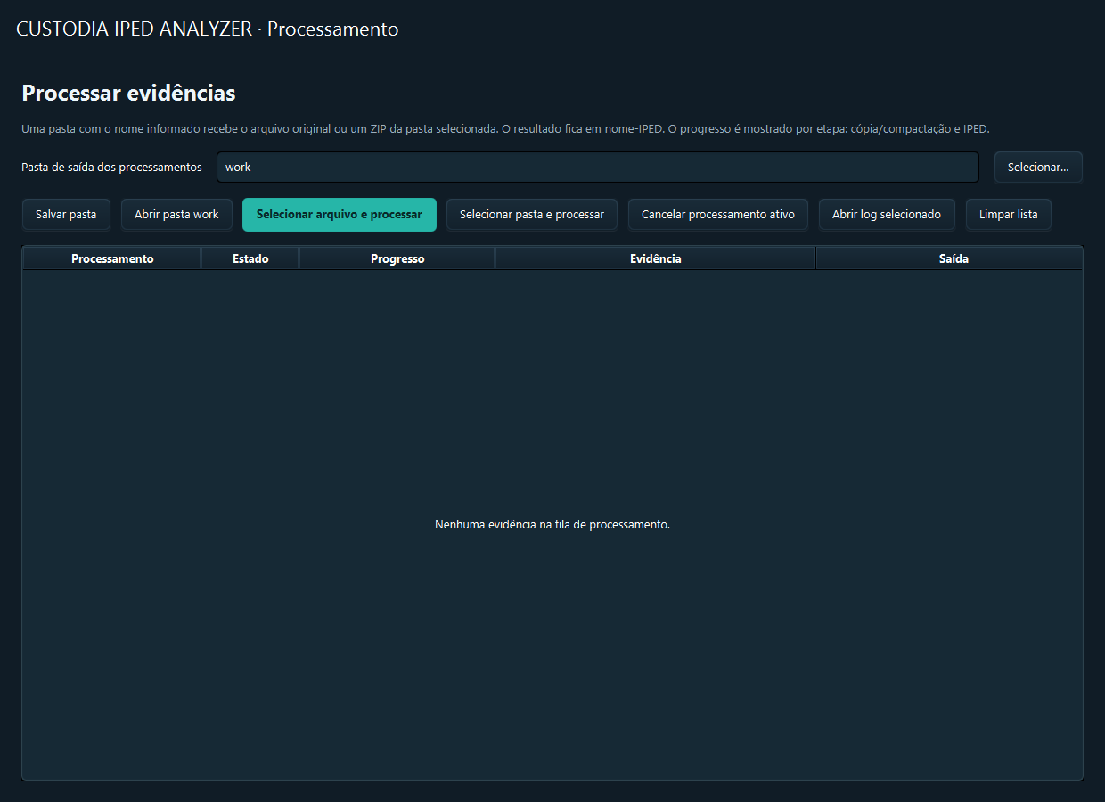 Aba Processamento do IPED Analyzer, usada para selecionar o arquivo de demonstração